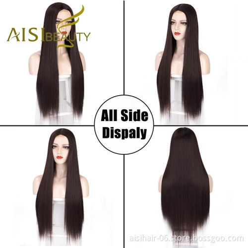 Aisi Beauty Hotselling Vendor Cheap Long Silky Straight Brown Wig Swiss Lace Synthetic Hair For Black Women Lace Front Wig